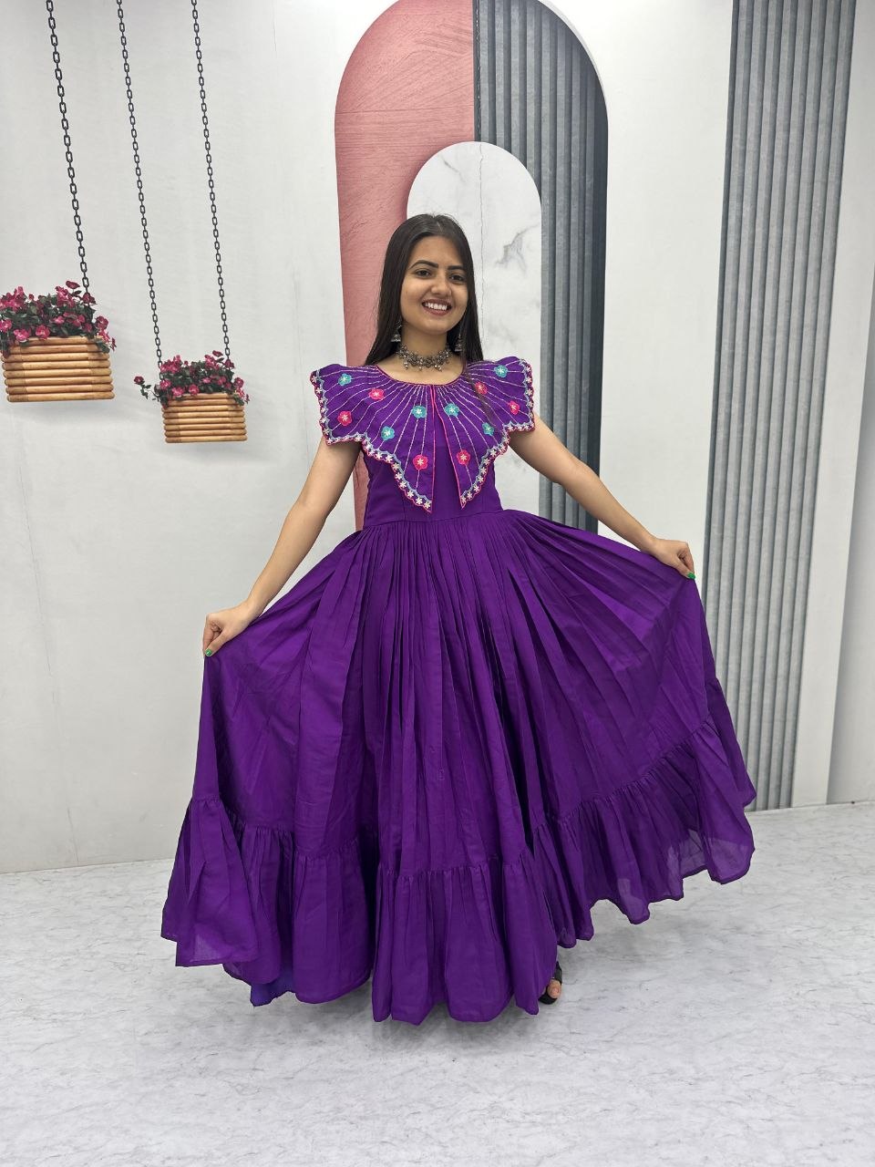 Trendy Hand-Embroidered Roman Fabric Gown with Soft Micro Cotton Lining, Fully Stitched, Available in Sizes M to XL and Beyond