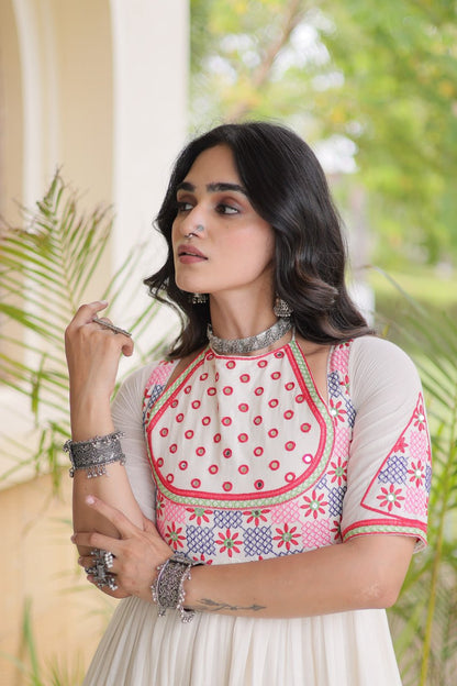 RangBhoomi Navratri Embroidered Kora Cotton Gown — 54" Festive Flair