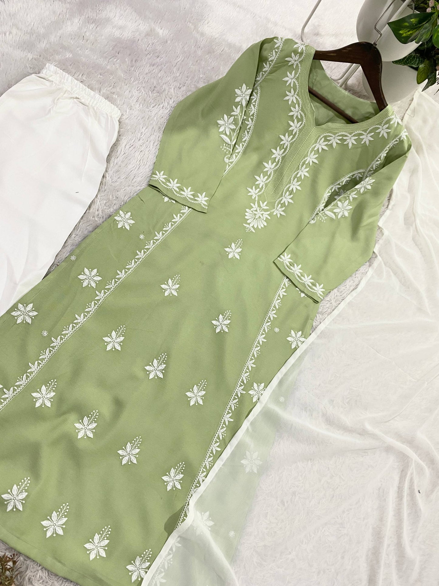 Elegant Summer Designer Chikankari Embroidered Rayon Top with Palazzo and Plain Georgette Dupatta Set
