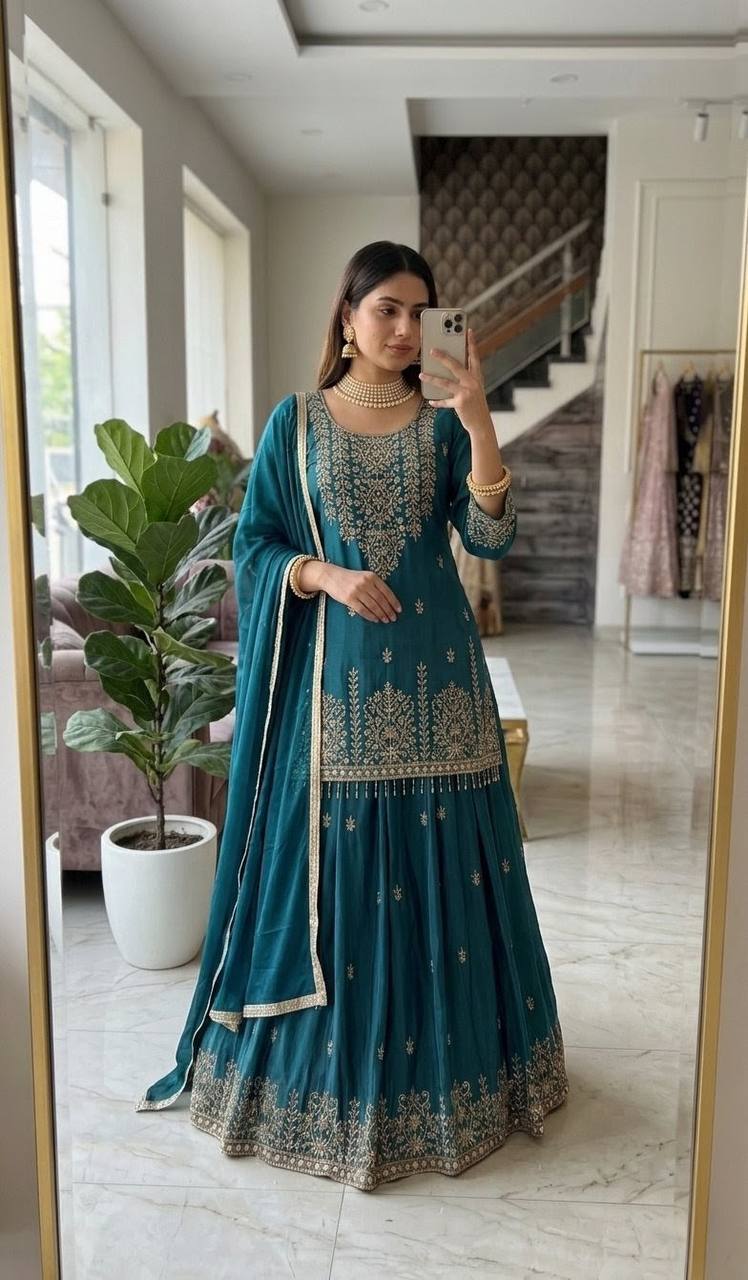 RangBhoomi Cinon Silk Embroidered Top, Lehenga & Dupatta Set - Elegant Festive Ensemble