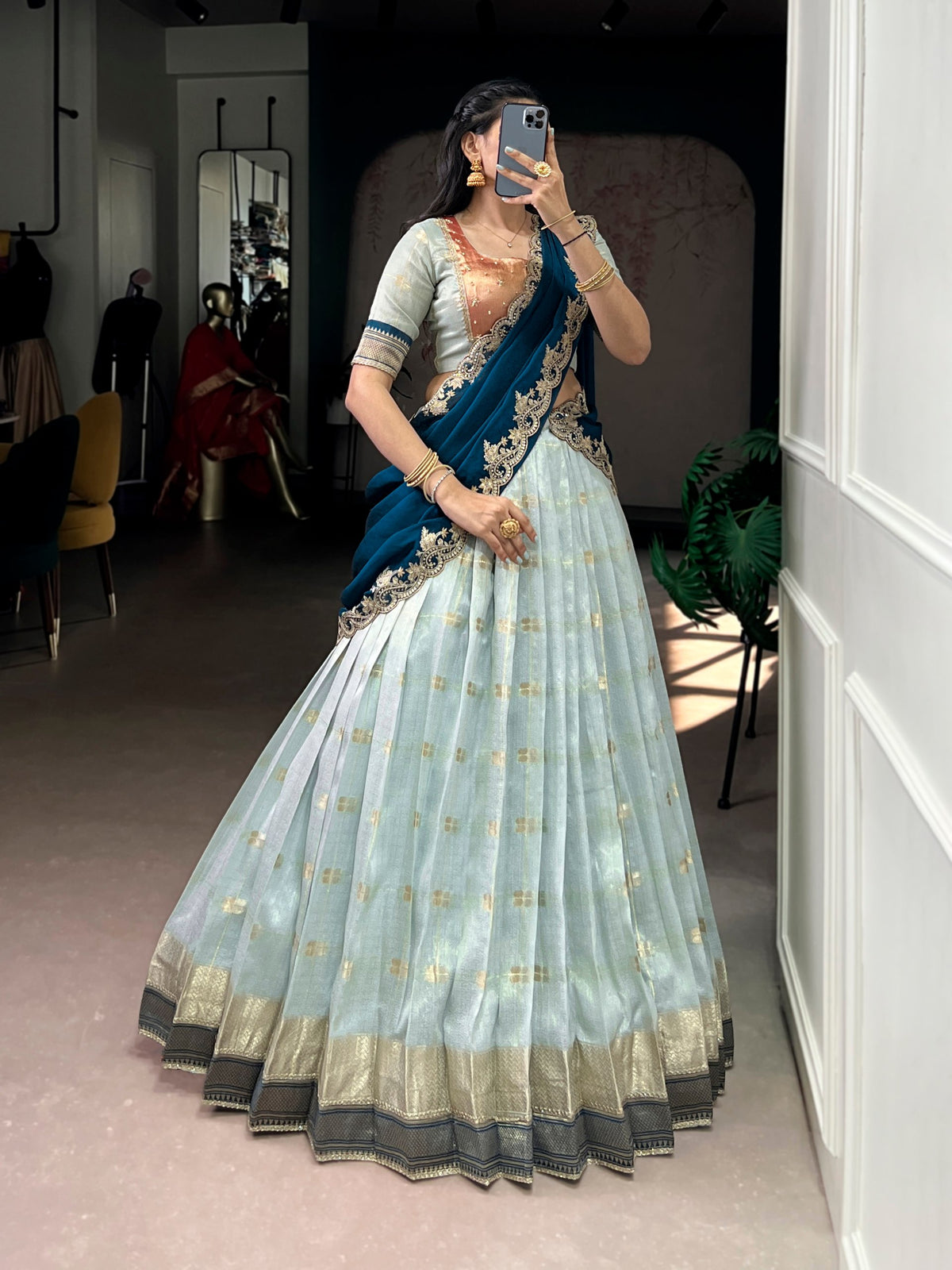 Woven Grace Embroidered Lehenga Set with Royal Paithani Borders and Elegant Pastel Hues