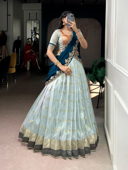 Woven Grace Embroidered Lehenga Set with Royal Paithani Borders and Elegant Pastel Hues