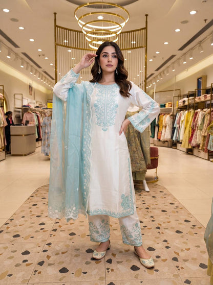 Elegant Party Wear Set Featuring Premium Roman Glass Embroidered Top with Fancy Bell Sleeves and Stylish Palazzo Pants with Dupatta