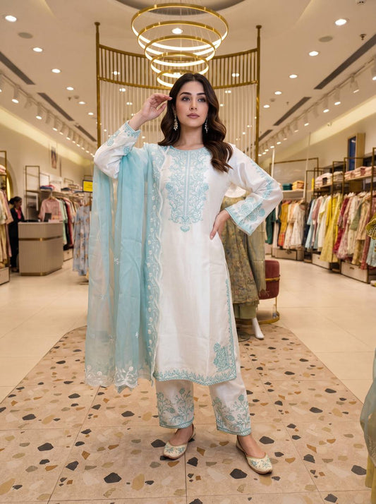 Elegant Party Wear Set Featuring Premium Roman Glass Embroidered Top with Fancy Bell Sleeves and Stylish Palazzo Pants with Dupatta