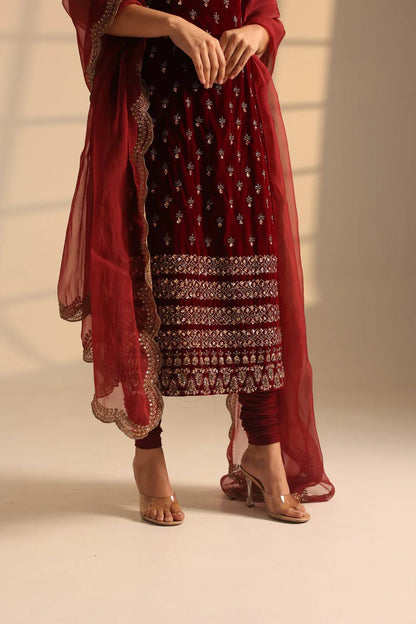 Roman Glass Satin Elegant Women's Suit Set with Golden Zari and Sequins Detailing