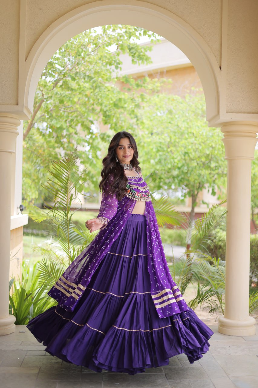 RangBhoomi Navratri 2026 Lehenga & Kurti Set – Kora Cotton Lehenga with Bandhni Faux Georgette Kurti (L, 40" Stitched)