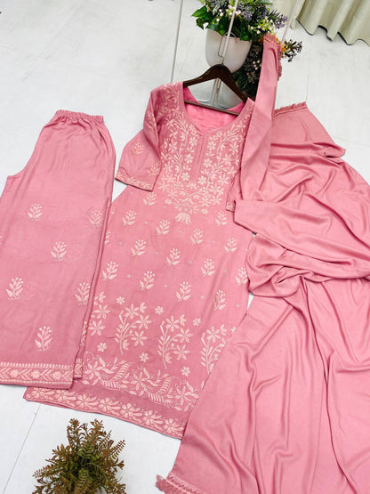 Exclusive and Comfortable Kurta, Palazzo, and Dupatta Set with Elegant Embroidery for Everyday Wear