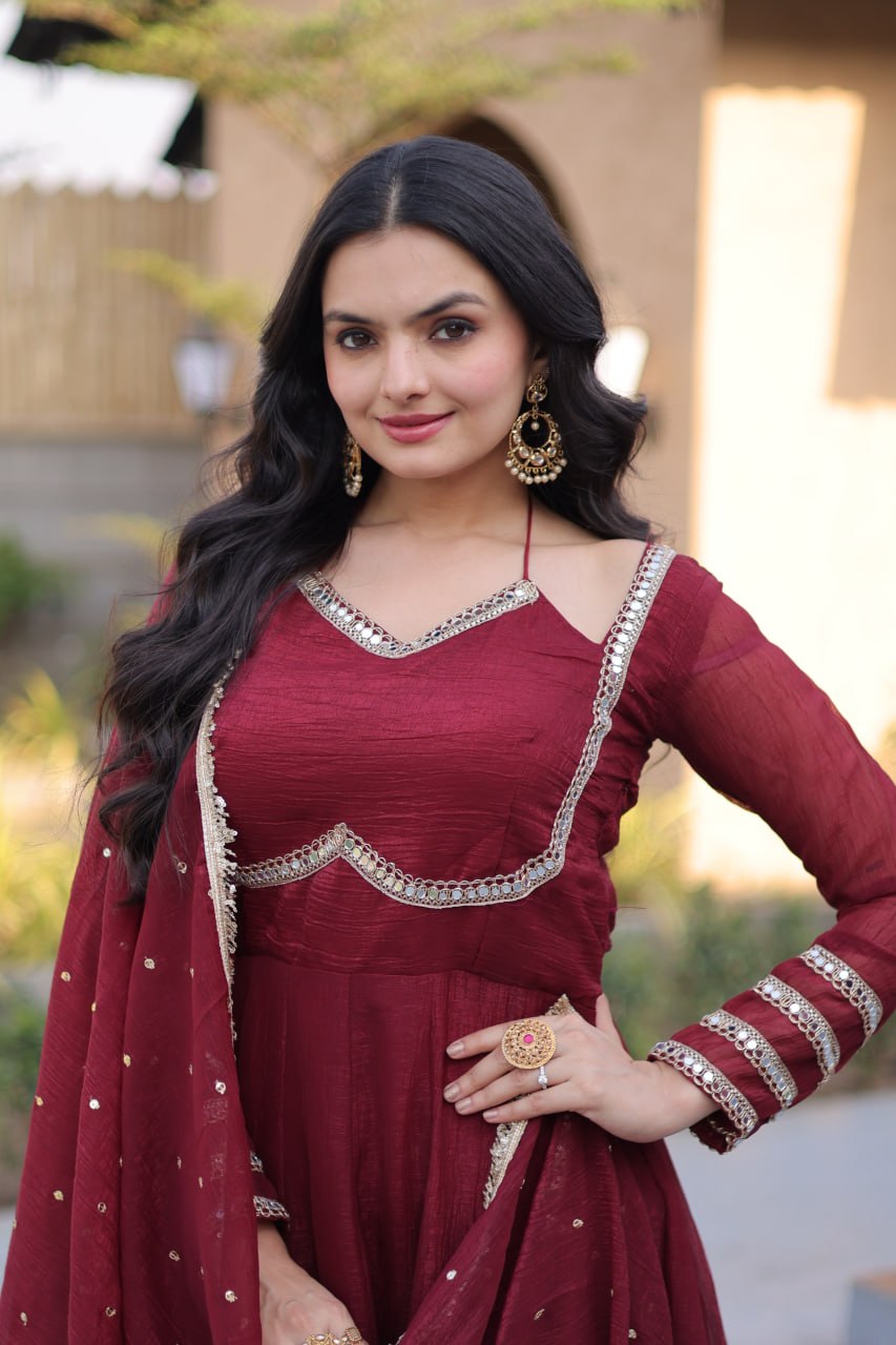 RangBhoomi Silver Mirror Lace Gown with Dupatta - Elegant Occasion Wear