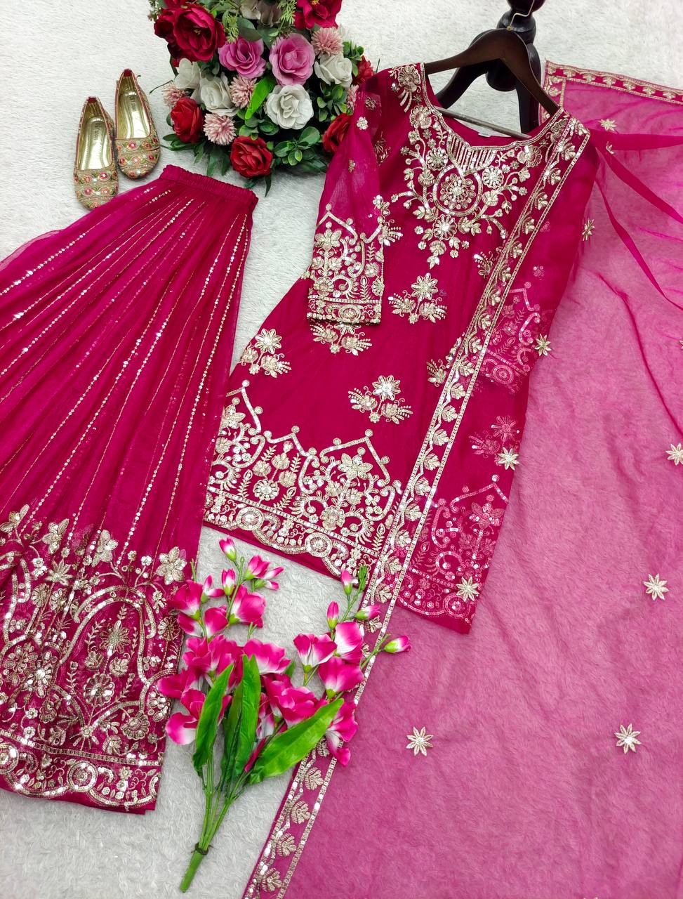 RangBhoomi Orgenza Twine Net Top, Sharara & Dupatta Set — Embroidered Ready-to-Wear