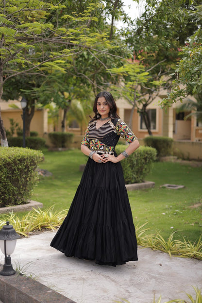 RangBhoomi Navratri Gown 2026 — Rust & Black Embroidered Multi-Tiered Festive Gown
