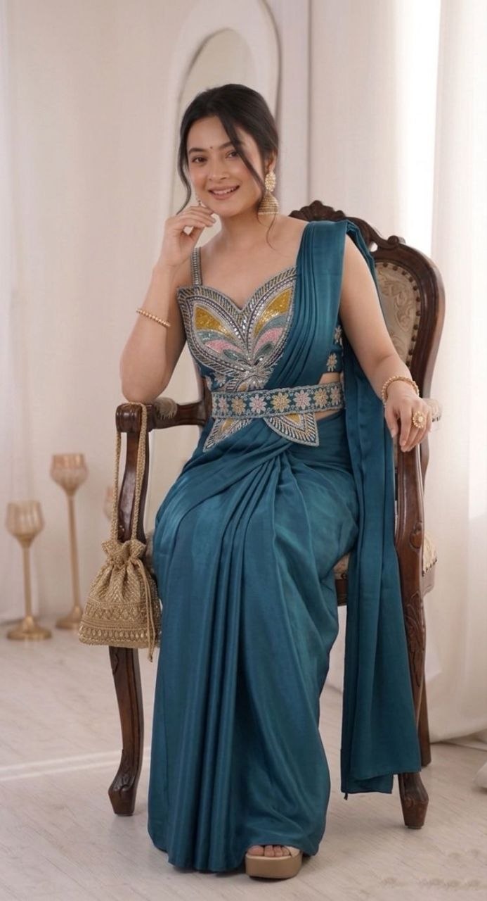 RangBhoomi Ready-to-Wear Saree with Elegant Embroidery and Sequined Blouse – Heavy Crepe Fabric