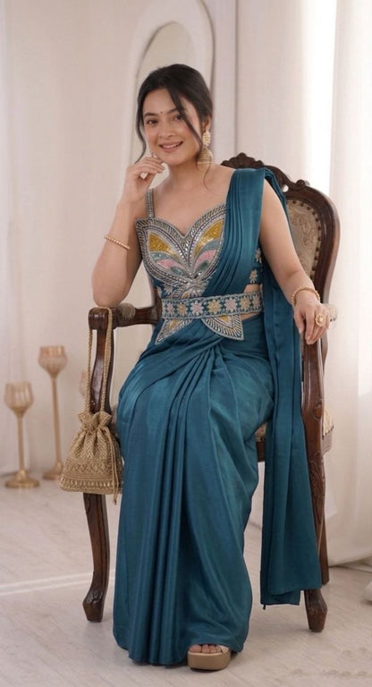 RangBhoomi Ready-to-Wear Saree with Elegant Embroidery and Sequined Blouse – Heavy Crepe Fabric
