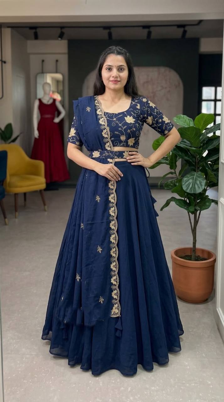 Twilight Blue RangBhoomi Crush Silk Lehenga Set