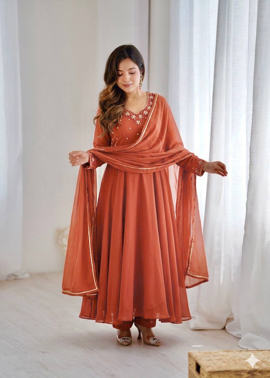 RangBhoomi Elegant Party Wear Fox Georgette Gown Set with Dupatta and Crepe Pants