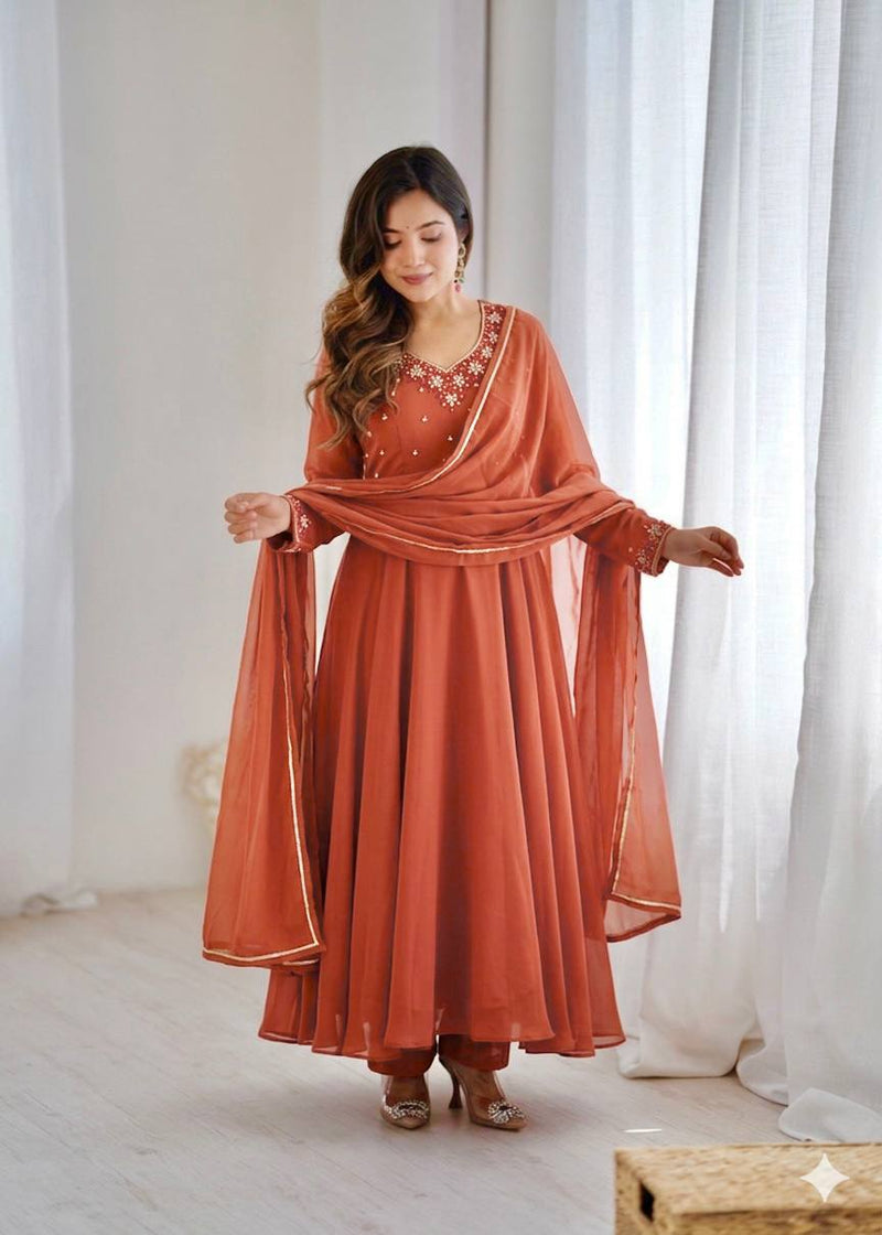 RangBhoomi Elegant Party Wear Fox Georgette Gown Set with Dupatta and Crepe Pants