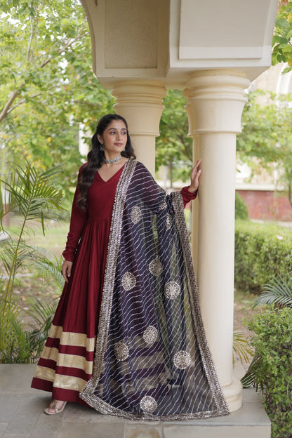 RangBhoomi Navratri Gown & Dupatta Collection 2026 – Full-Sleeve V-Neck Reyon Gown with Georgette Dupatta