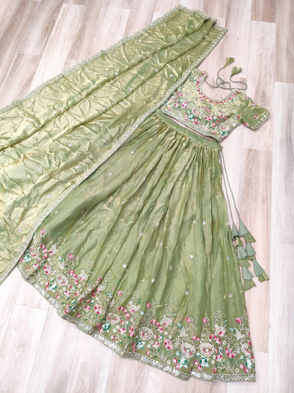 Elegant Lehenga Choli and Dupatta Ensemble in Fendi Silk with Multi-Thread Embroidery
