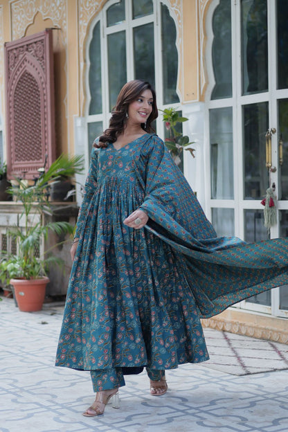 Premium Gown Set: Cotton Kurti, Pant & Dupatta