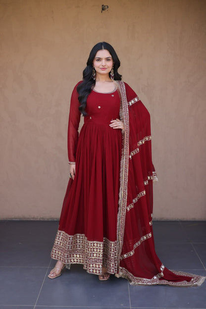 RangBhoomi Festive Faux Blooming Gown with Embroidered Dupatta - Rama & Maroon