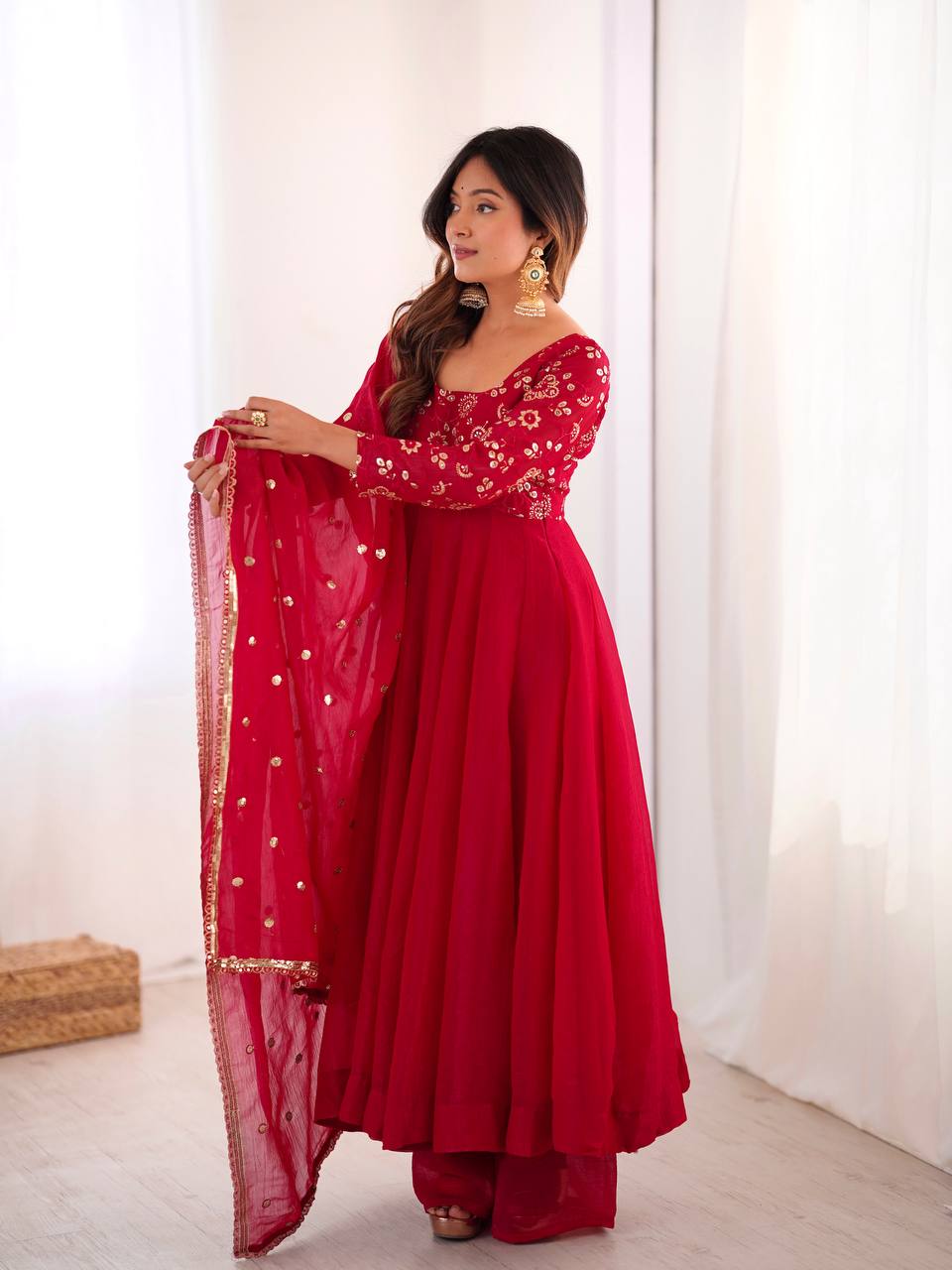 RangBhoomi Women's Elegant Ethnic Wear Set with Silk Gown, Pants, and Embroidered Dupatta