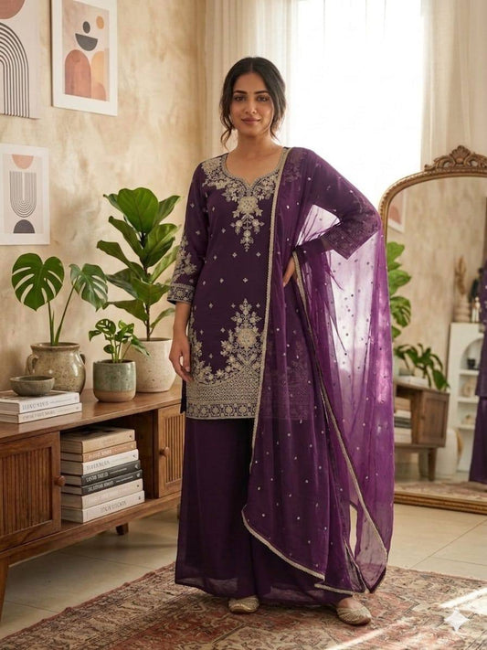 Luxury Fusion Style Designer Ensemble – Elegant Roman Silk Set with Embroidery, Sequins & Nazmeen Dupatta