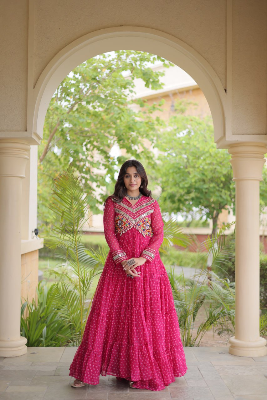 RangBhoomi Bandhani & Kutchi Patchwork Faux Georgette Gown — Navratri Special