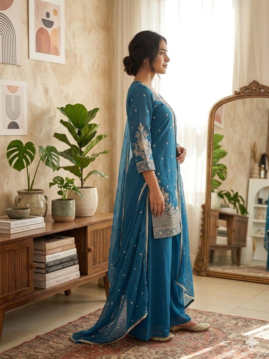 Luxury Fusion Style Designer Ensemble – Elegant Roman Silk Set with Embroidery, Sequins & Nazmeen Dupatta