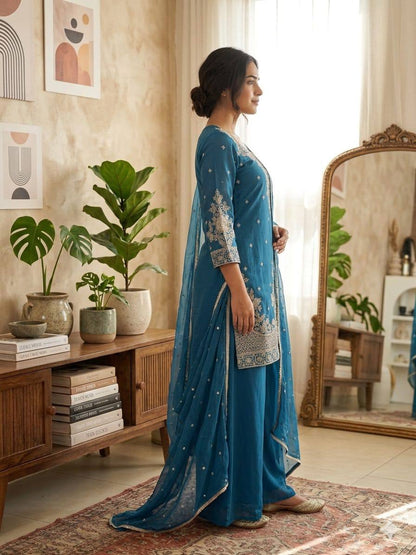Luxury Fusion Style Designer Ensemble – Elegant Roman Silk Set with Embroidery, Sequins & Nazmeen Dupatta