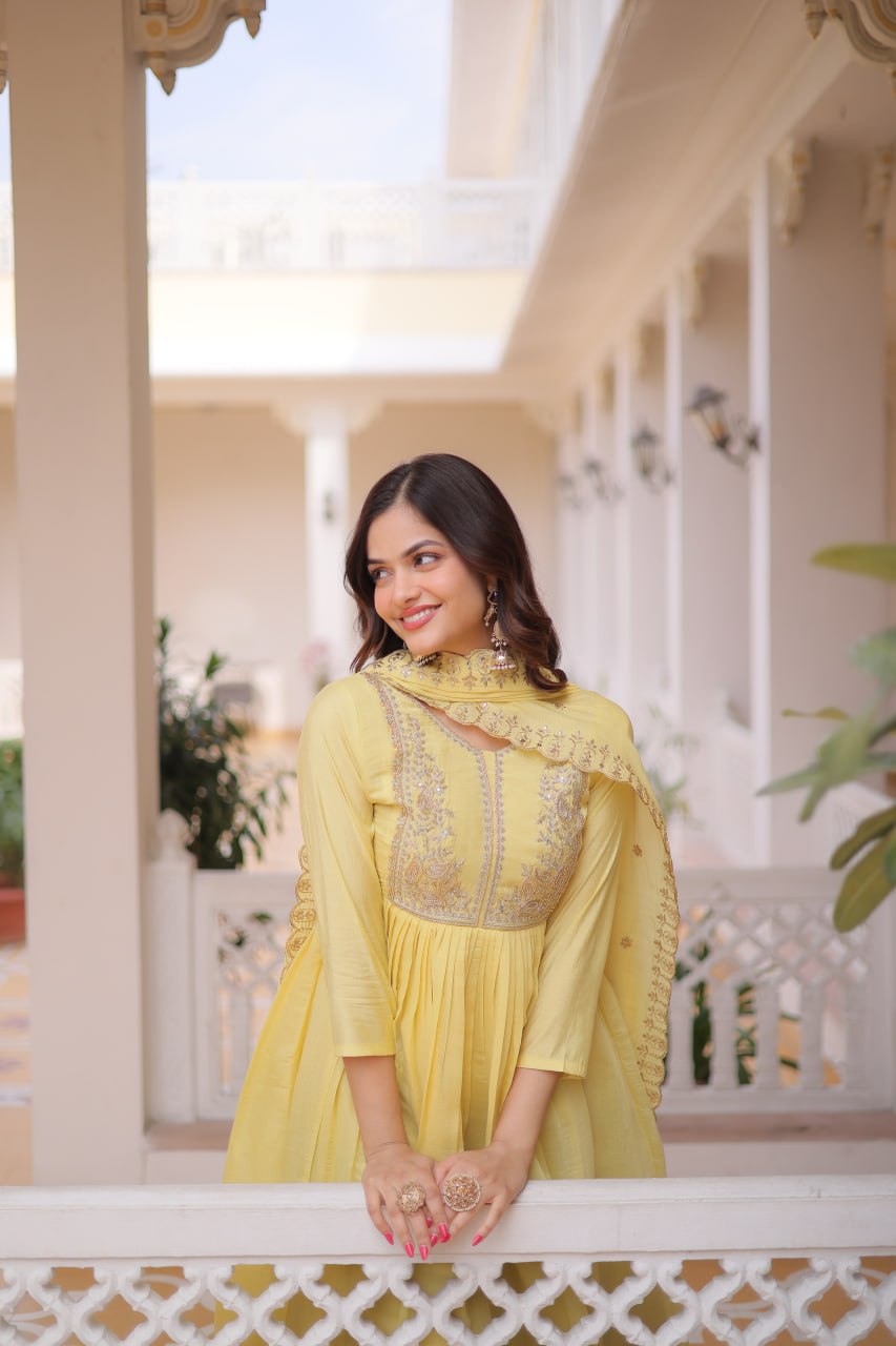 Premium Ready-to-Wear Mal Mal Chanderi Gown Set with Roman Silk Pants and Embroidered Dupatta