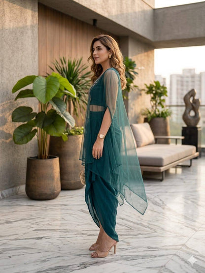 Designer Fusion Style Luxury Collection - Elegant Roman Silk Ensemble with Embroidery, Net Lace Dupatta, and Dripping Skirt