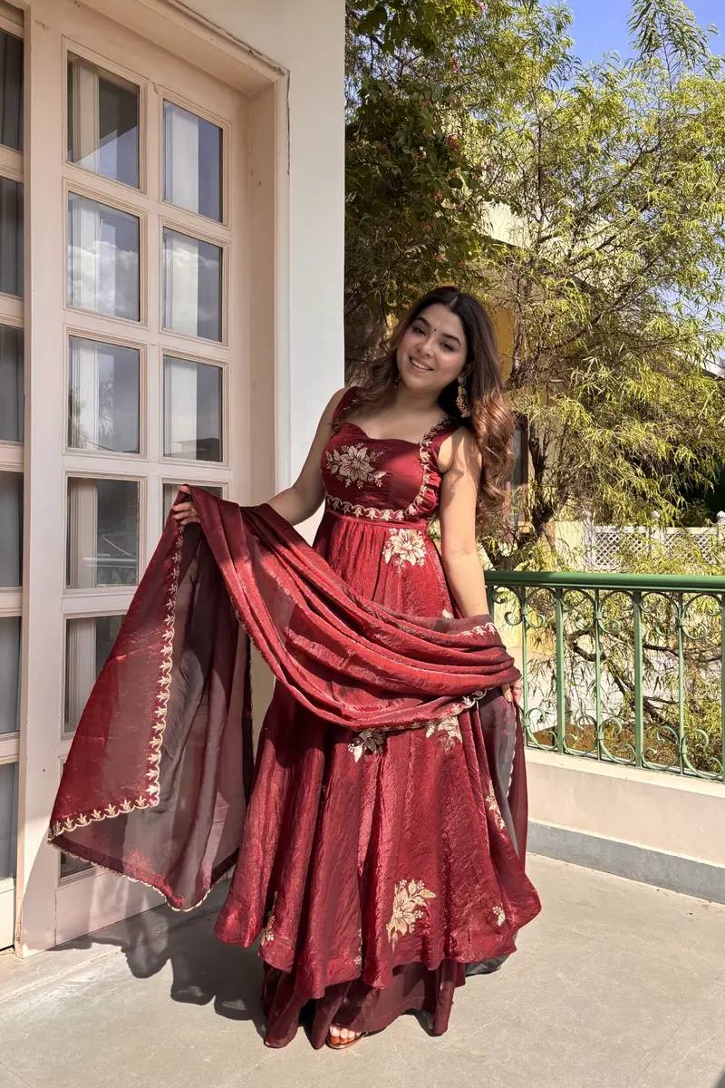 Elegant Party Wear Fendi Satin Gown Set with Dupatta and Pants Featuring 3mm Metallic Sequins and Intricate Zari Embroidery