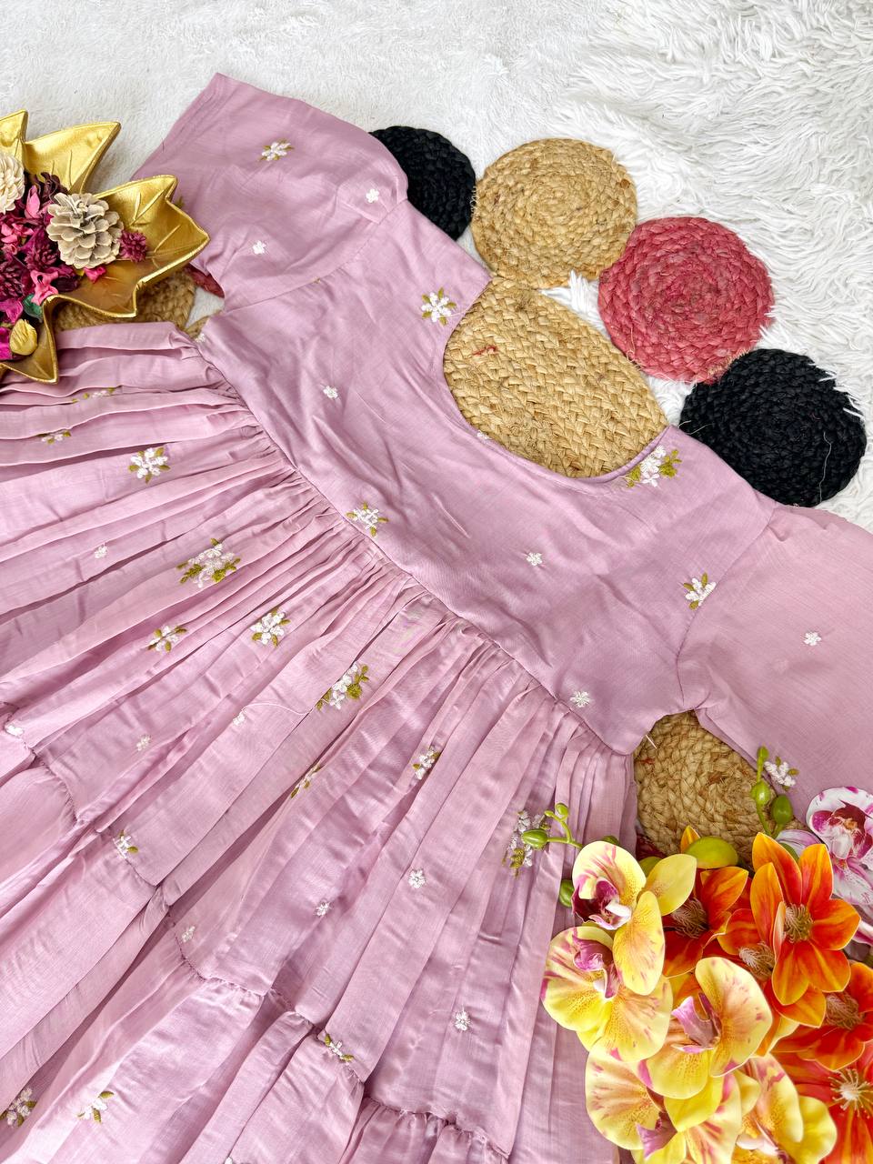 Elegant Floral Mull Cotton Chanderi Midi Gown for Summer – Embroidered, Fully Stitched, Available in Multiple Sizes