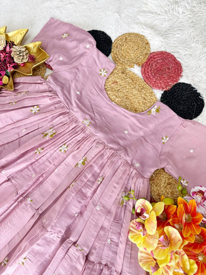 Elegant Floral Mull Cotton Chanderi Midi Gown for Summer – Embroidered, Fully Stitched, Available in Multiple Sizes