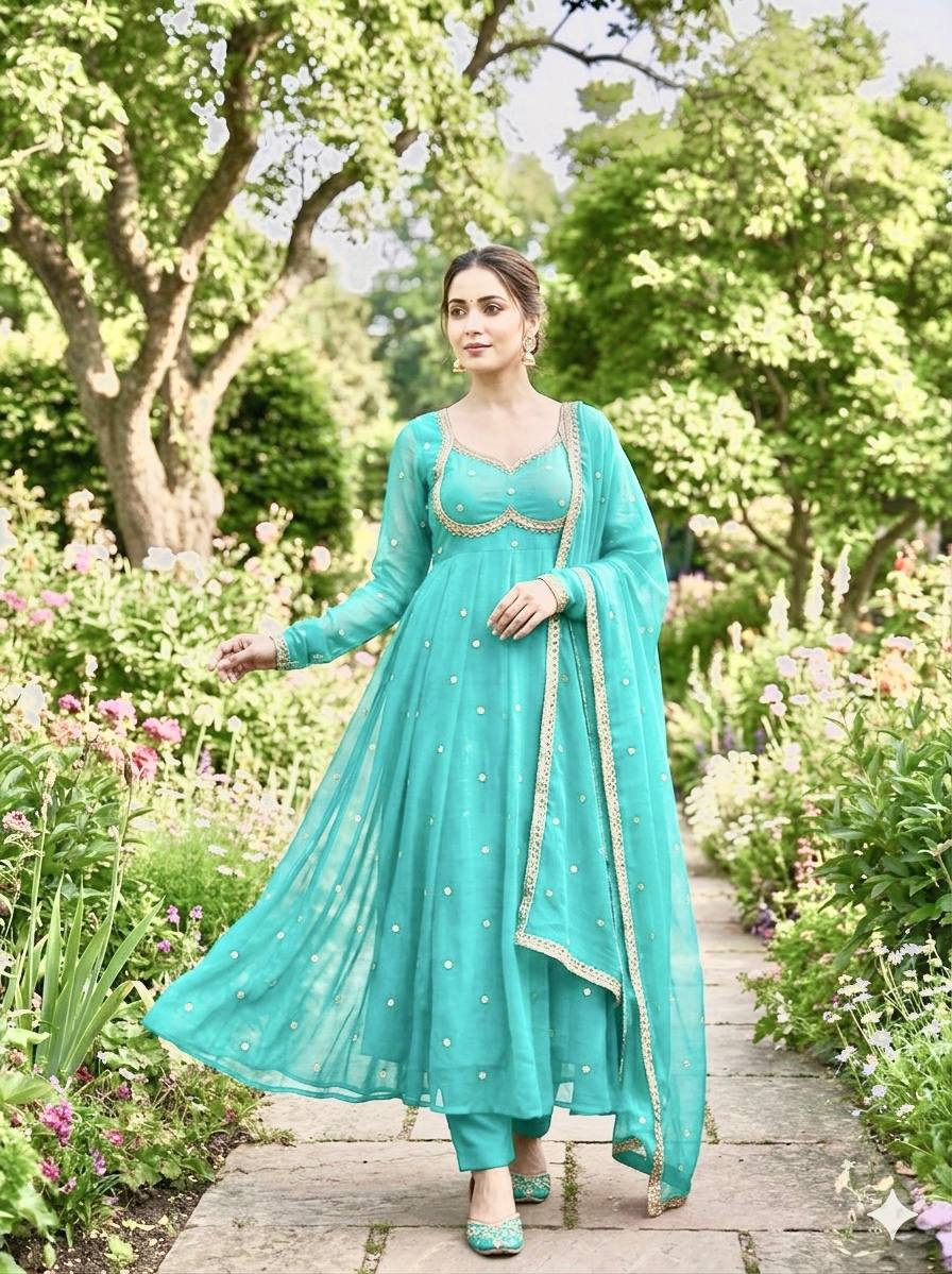 Elegant Party Wear Fendi Satin Gown Set with Dupatta and Pants Featuring 3MM Rembo Sequin and Zari Embroidery