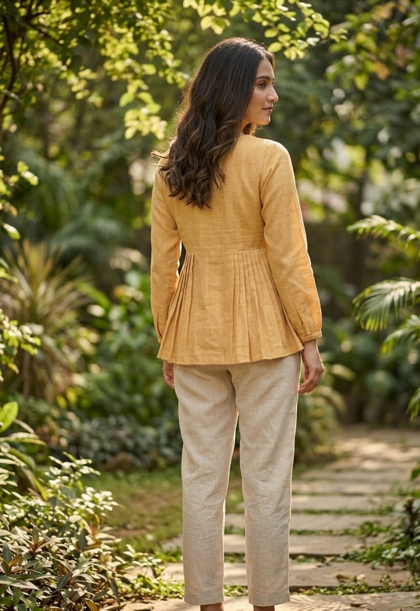 RangBhoomi Elegant Linen Cotton Top and Pant Set – Full-Sleeve Frill Stitch Top with Elastic Waist Pants in Parrot, Peach, and Yellow