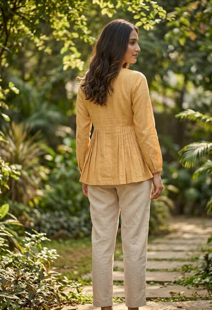 RangBhoomi Elegant Linen Cotton Top and Pant Set – Full-Sleeve Frill Stitch Top with Elastic Waist Pants in Parrot, Peach, and Yellow