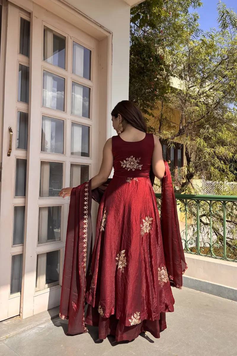 Elegant Party Wear Fendi Satin Gown Set with Dupatta and Pants Featuring 3mm Metallic Sequins and Intricate Zari Embroidery