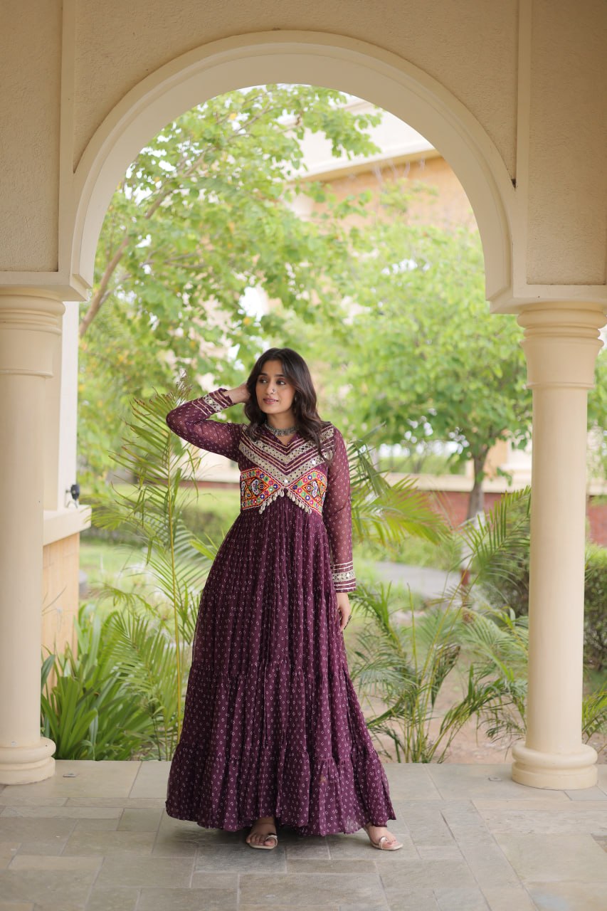 RangBhoomi Bandhani & Kutchi Patchwork Faux Georgette Gown — Navratri Special