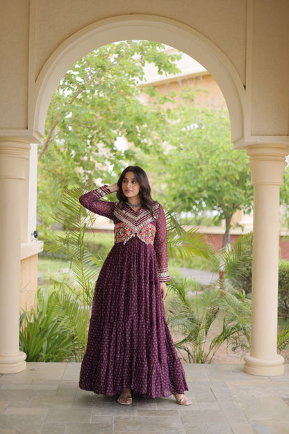 RangBhoomi Bandhani & Kutchi Patchwork Faux Georgette Gown — Navratri Special