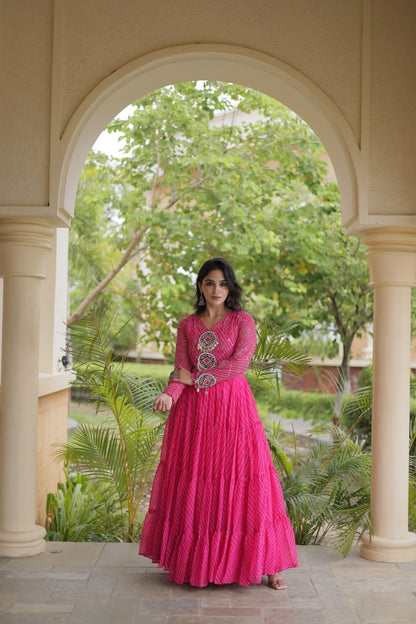RangBhoomi Navratri Gown 2026 – Laheriya Print with Kutchi Patchwork, Faux Georgette Lined Cotton, Full Sleeve, 56 Inch Length