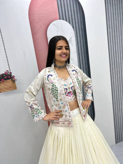 Festival Special Vichitra Silk Crop Top Lehenga Jacket Set with Heavy Thread and Sequin Embroidery by RangBhoomi
