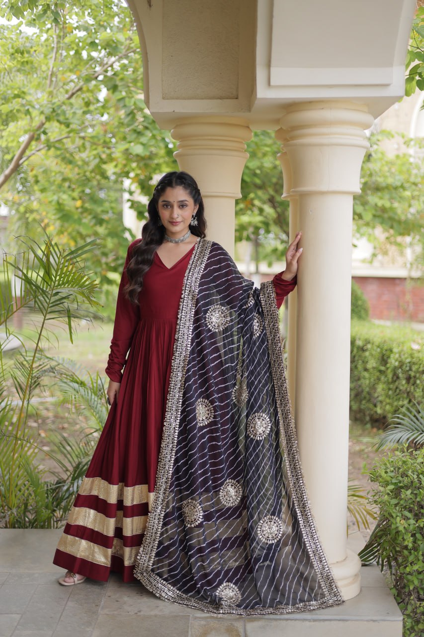 RangBhoomi Navratri Gown & Dupatta Collection 2026 – Full-Sleeve V-Neck Reyon Gown with Georgette Dupatta