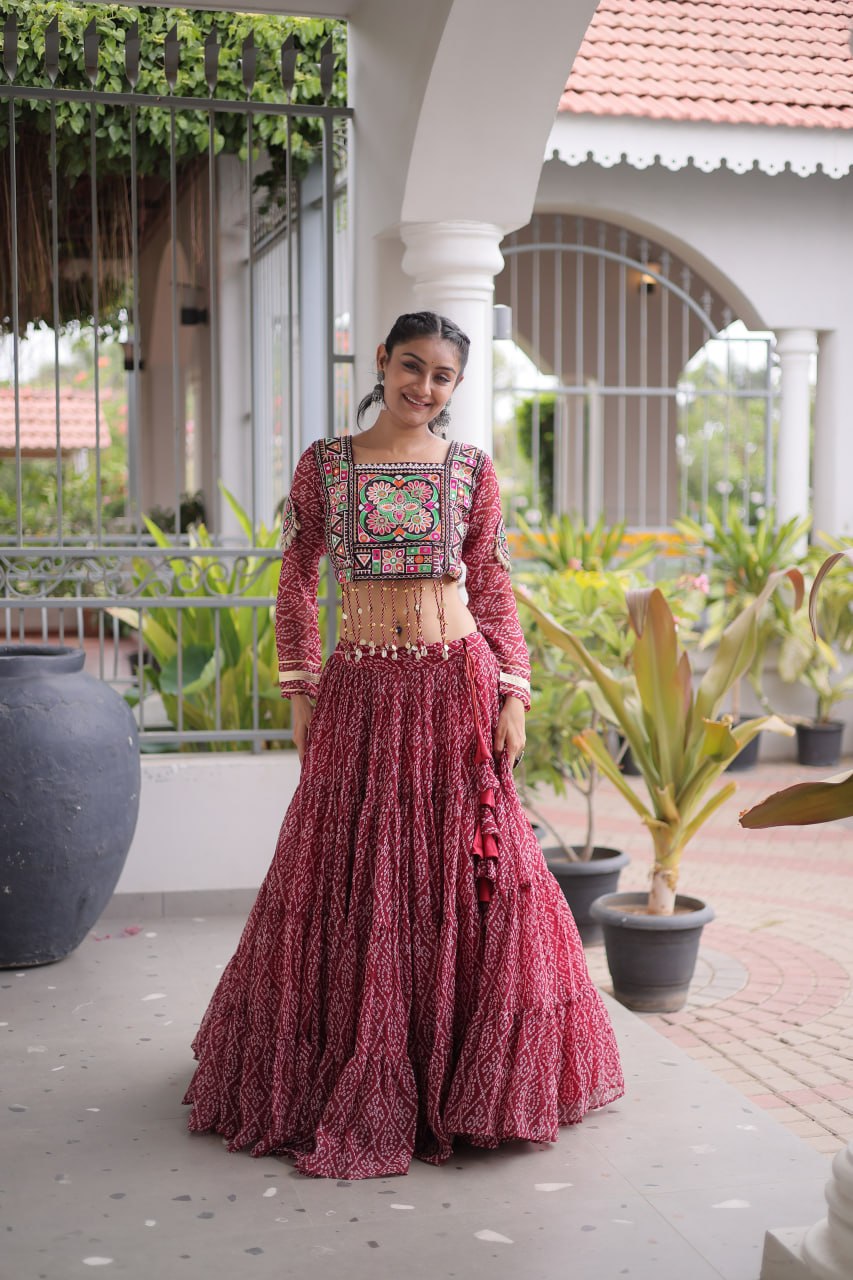 RangBhoomi Bandhni Faux Georgette Full-Stitched Lehenga Set with Designer Square Neck Blouse