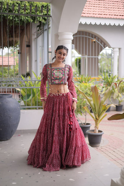 RangBhoomi Bandhni Faux Georgette Full-Stitched Lehenga Set with Designer Square Neck Blouse