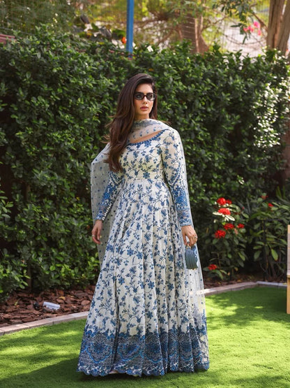 Elegant Party Wear Heavy Faux Georgette Gown with Organza Dupatta and Micro Cotton Bottom Set