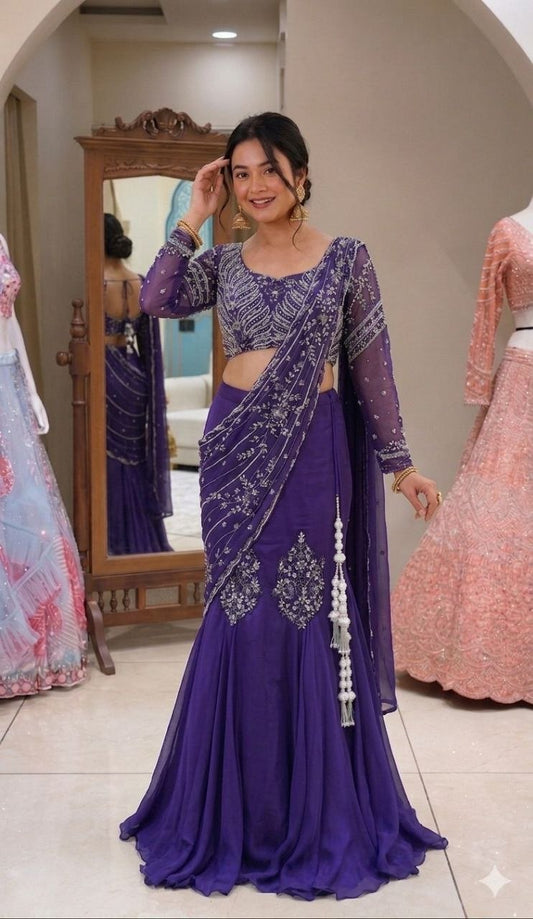 Elegant Embroidered Sequined Chinon Lehenga Choli Set with Full Stitching and 4-Meter Flair