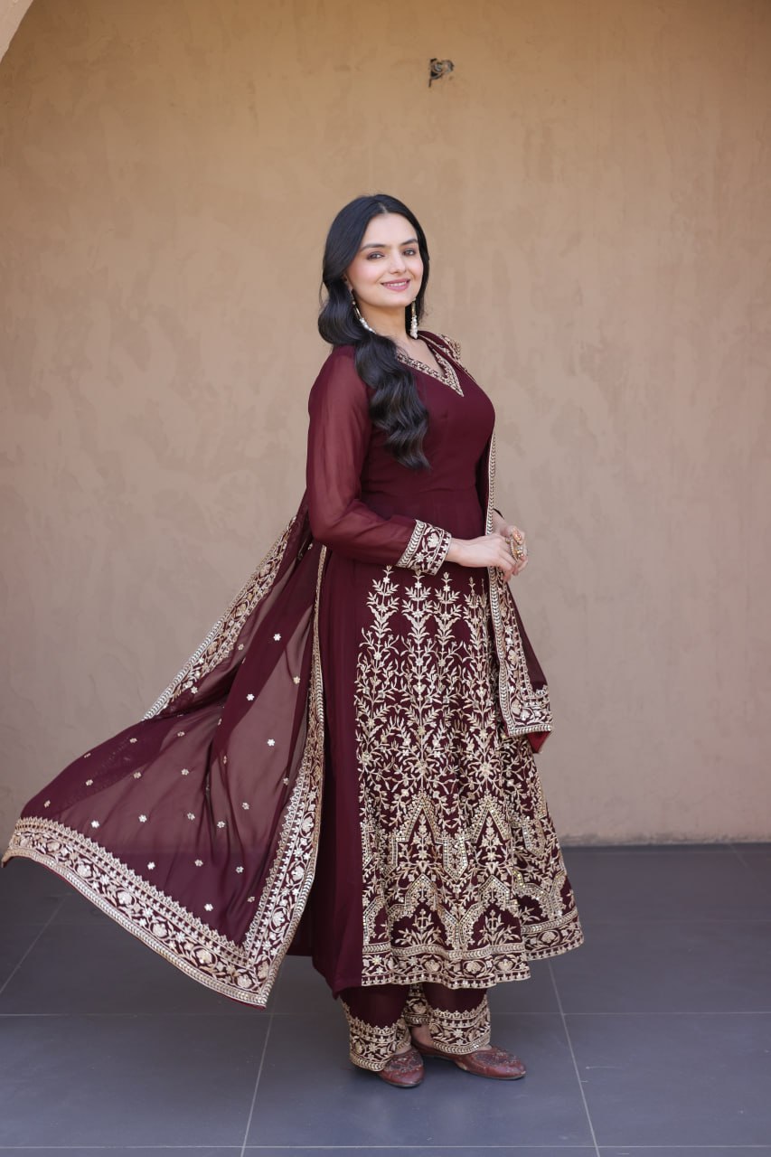 RangBhoomi Premium Readymade Gown with Pant & Dupatta Set - Embroidered Faux Blooming Festive Ensemble