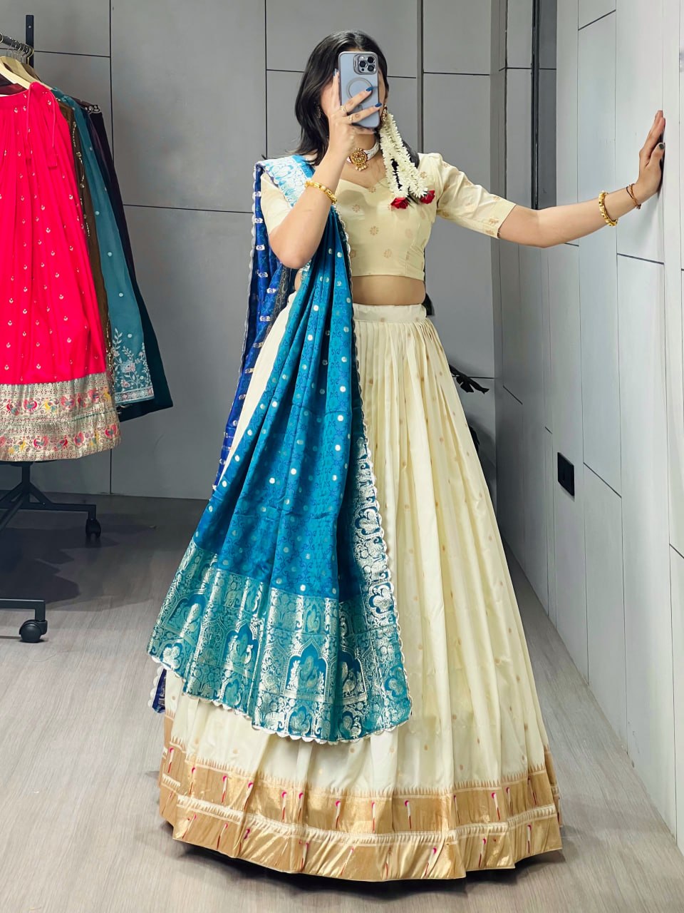 Exquisite Paithani Silk Lehenga Choli with Iconic Gold Zari Border and Satin Silk Dupatta