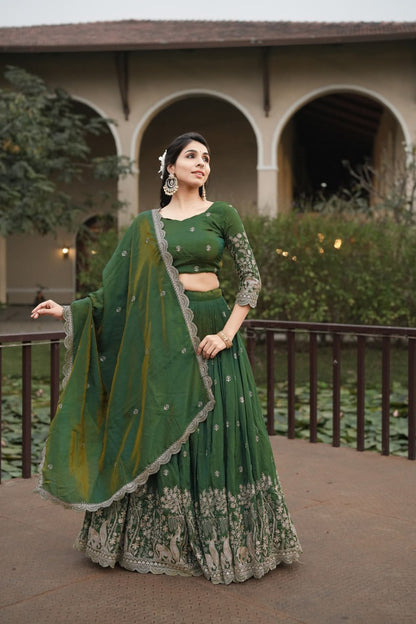 Elegant Olive Green Embroidered Lehenga Set for Festive and Wedding Celebrations