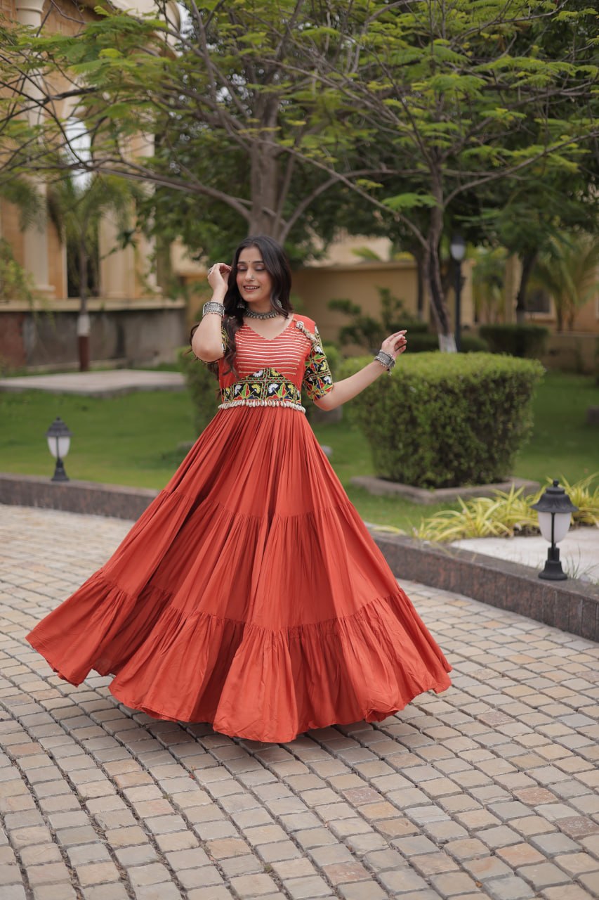 RangBhoomi Navratri Gown 2026 — Rust & Black Embroidered Multi-Tiered Festive Gown